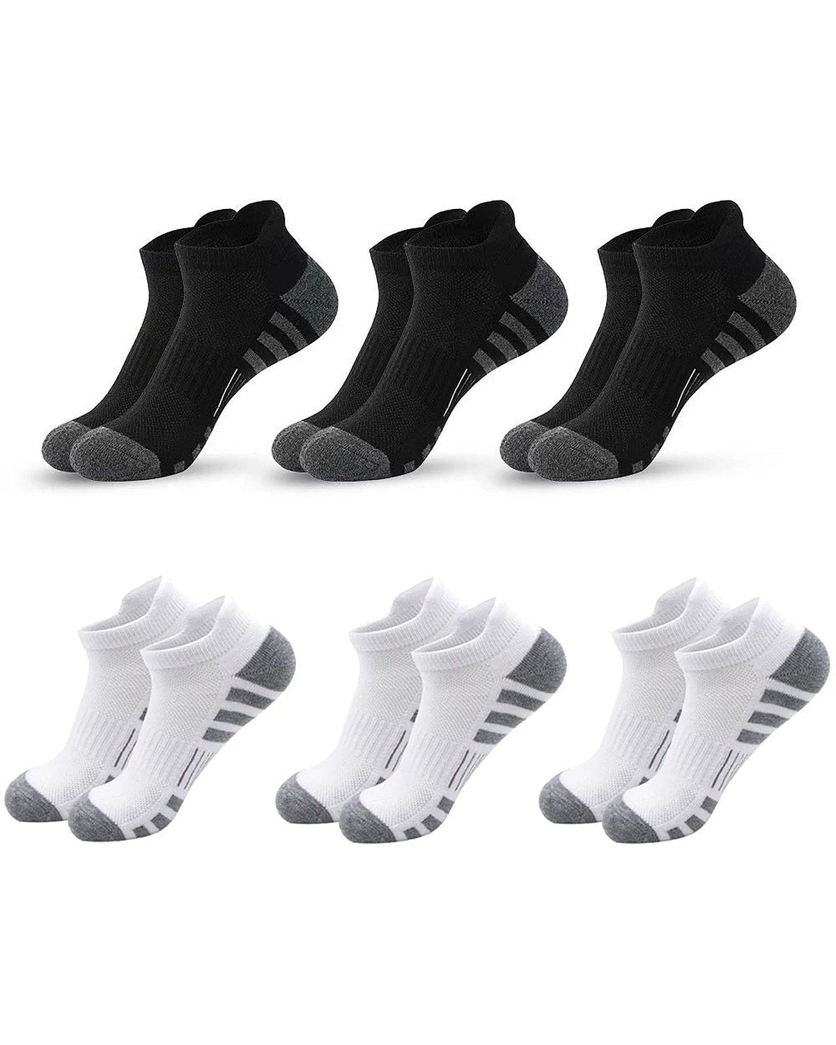 Six pairs of black and white tab ankle socks