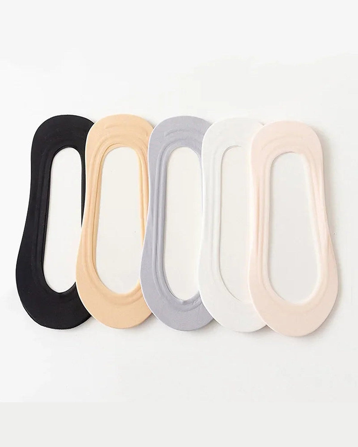 Five no-show socks in black, nude, grey, white and blush
