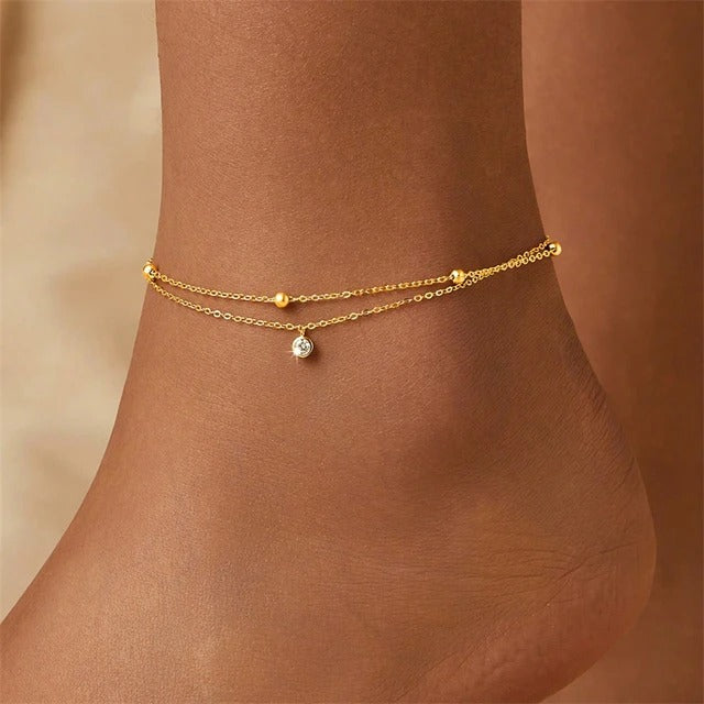 Twin layer bead anklet, gold tone, photo 1