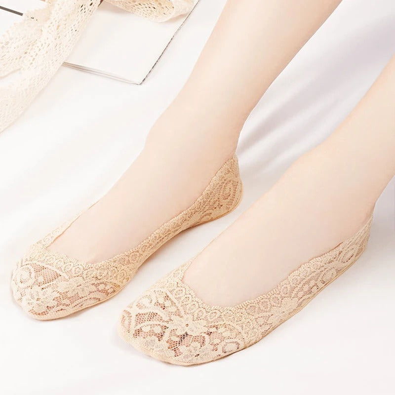 Black lace no-show sock showing the soft stretch edge