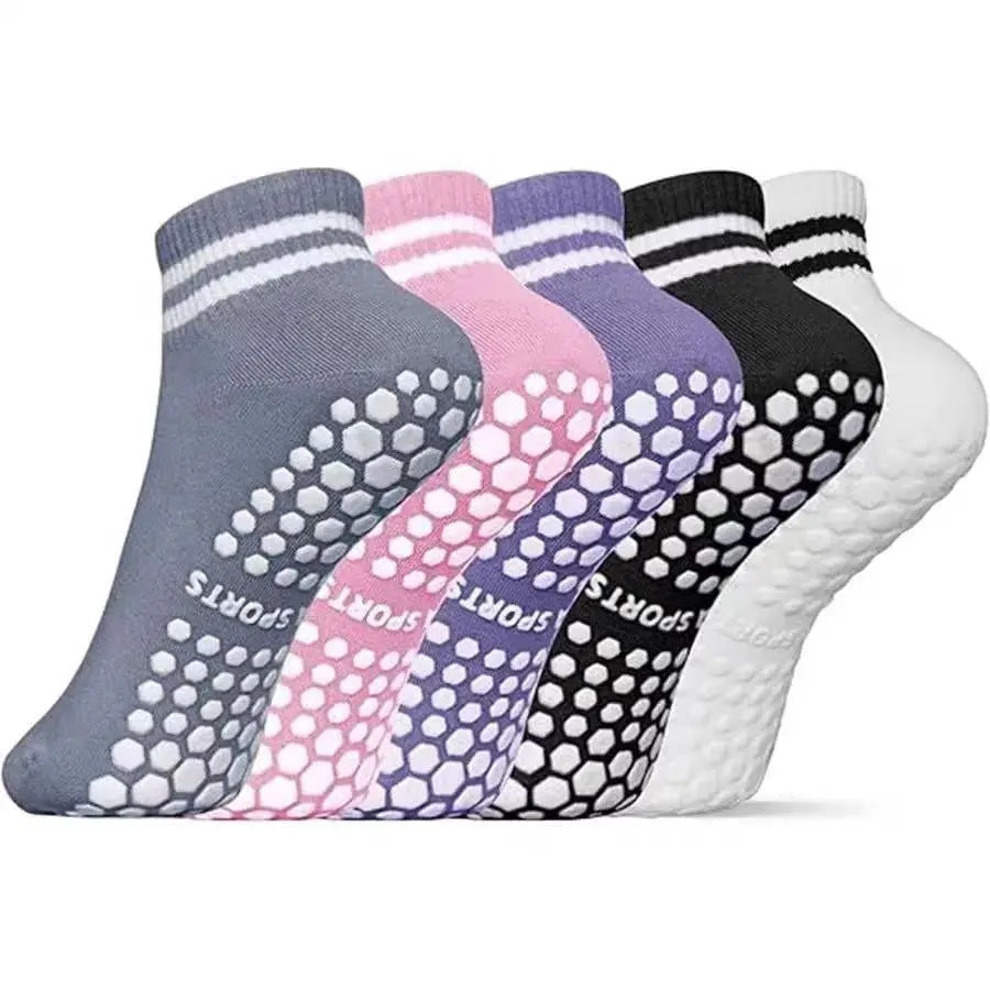 Pastel twin-stripe grip socks in blue grey, pink, purple and black, showing the grip soles