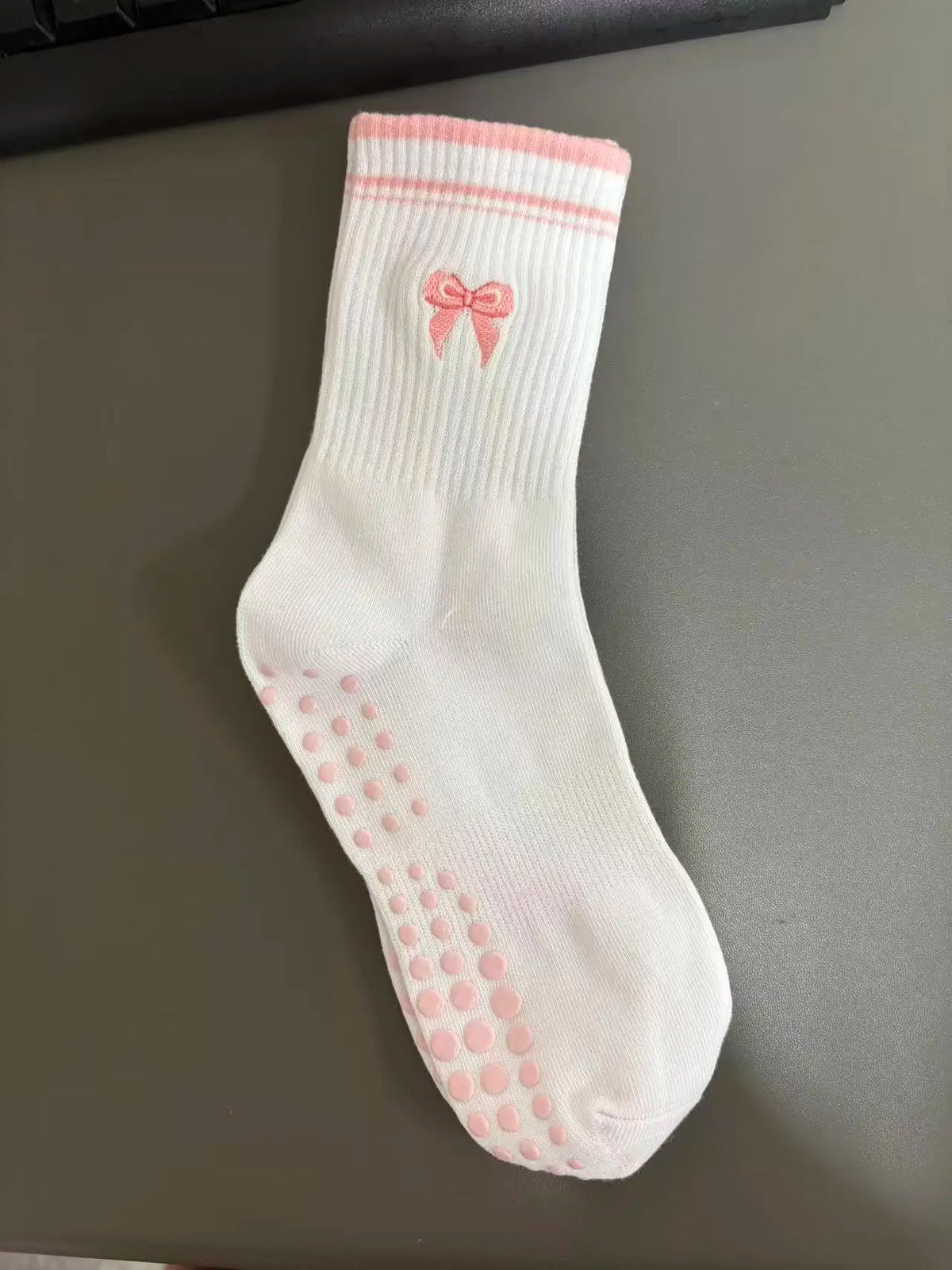Embroidered Knit Grip Socks — 3-Pair Pack — Blush Bow