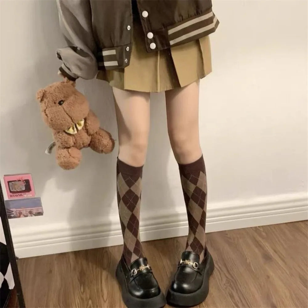 Argyle Knee-High Socks — Coffee