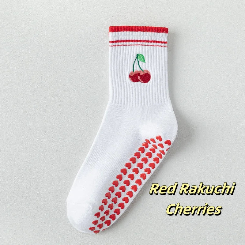 Embroidered Knit Grip Socks — 3-Pair Pack — Red Cherry