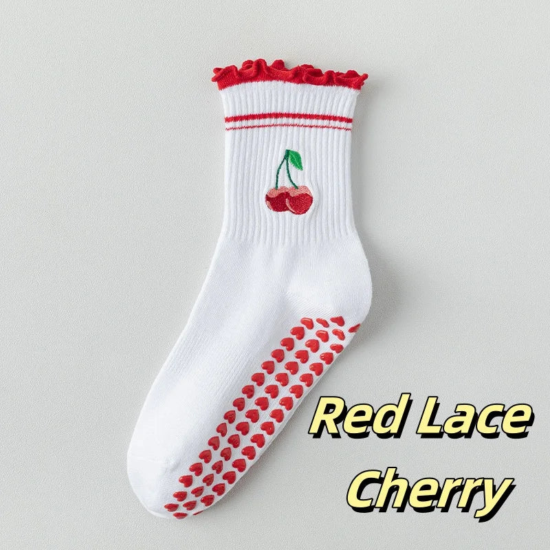 Embroidered Knit Grip Socks — 3-Pair Pack — Red Lace Cherry