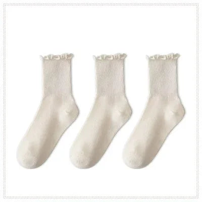 Ruffle Cuff Ankle Socks — 3-Pair Pack — Beige