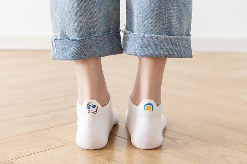Happy Faces Embroidered Ankle Socks — 10-Pair Pack