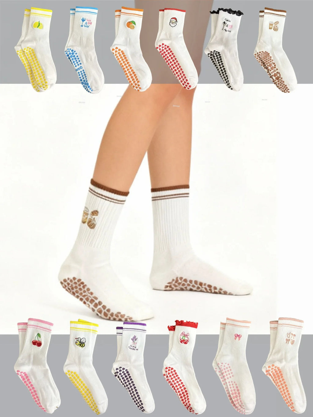 Embroidered Knit Grip Socks — 3-Pair Pack