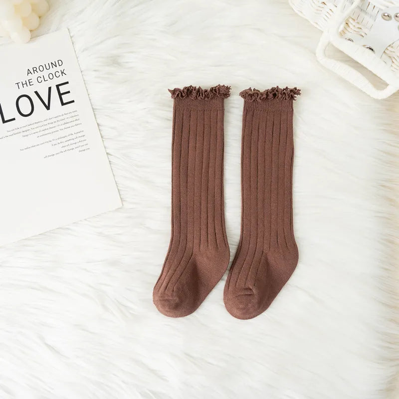 Little Ruffle Knee-High Socks — 3-Pair Pack — Brown