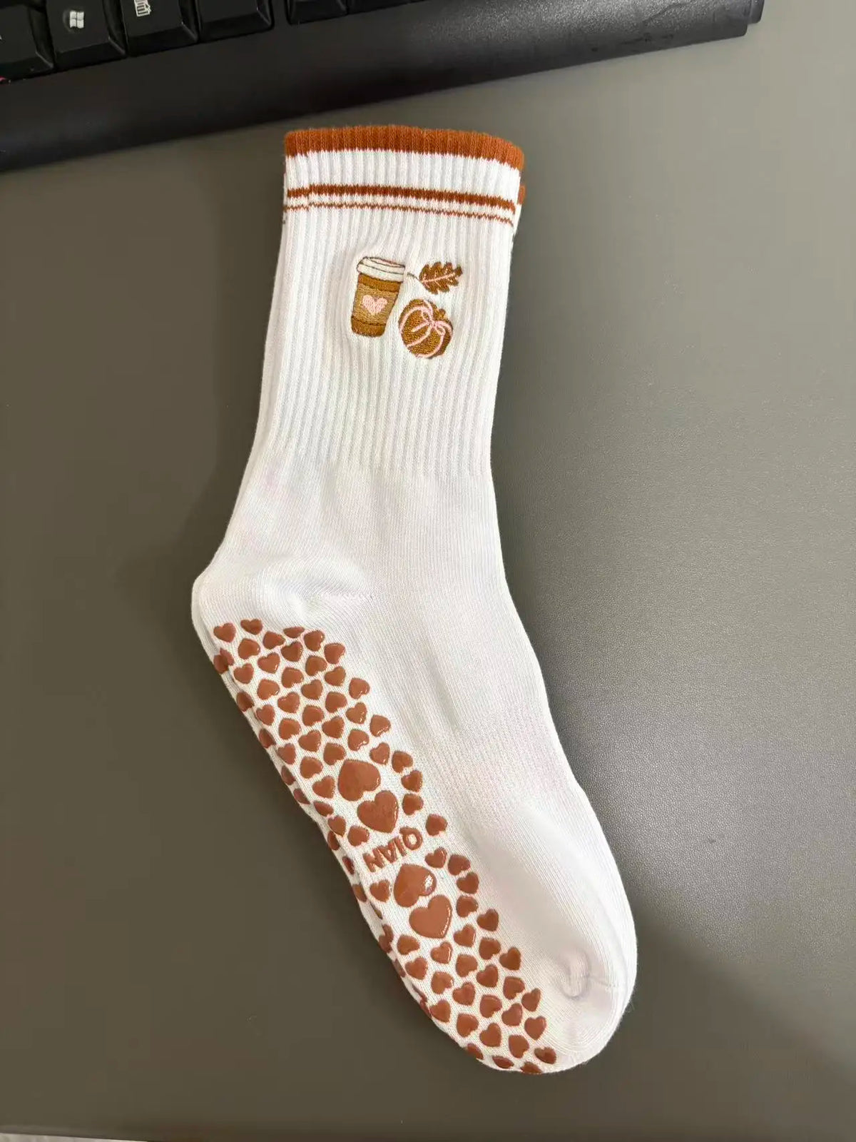 Embroidered Knit Grip Socks — 3-Pair Pack — Coffee
