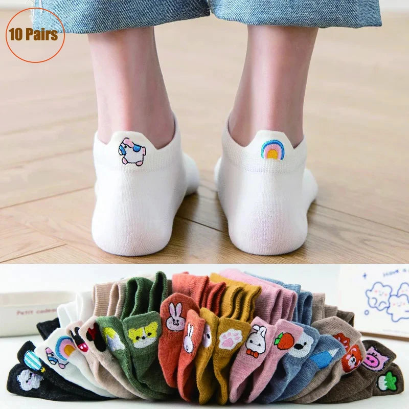 Happy Faces Embroidered Ankle Socks — 10-Pair Pack