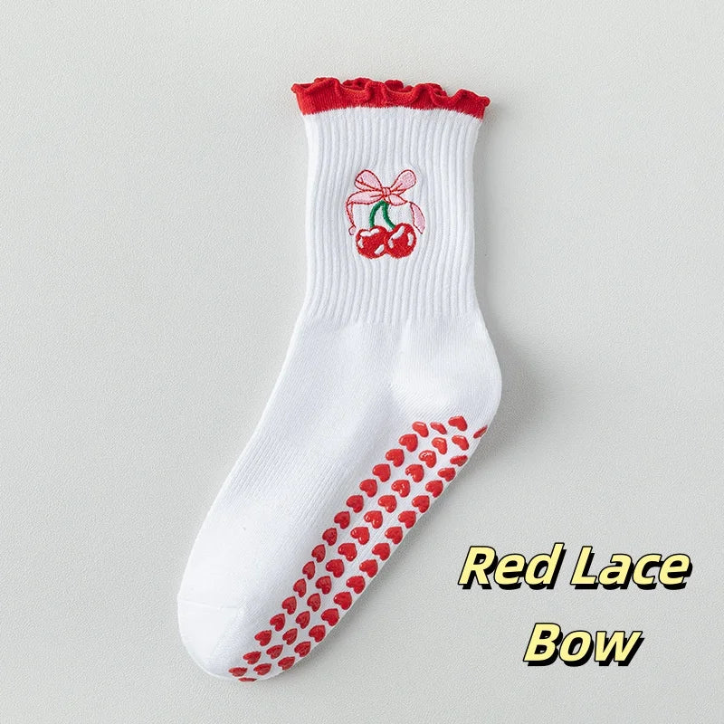 Embroidered Knit Grip Socks — 3-Pair Pack — Red Lace Bow