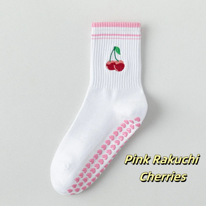 Embroidered Knit Grip Socks — 3-Pair Pack — Pink Cherry