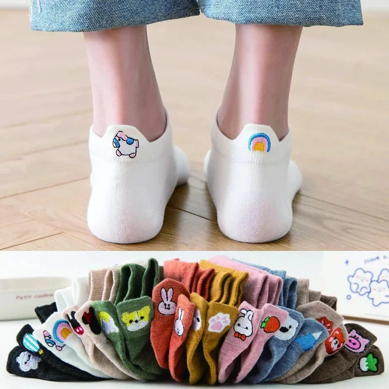 Happy Faces Embroidered Ankle Socks — 10-Pair Pack — Assorted