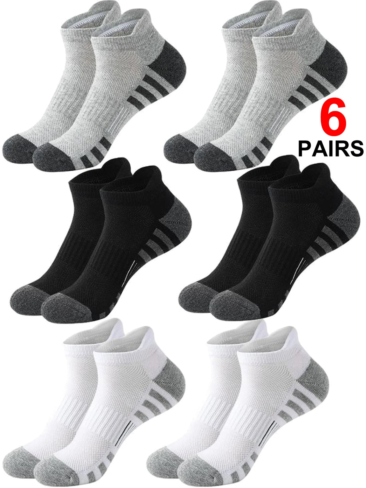 Tab Runner Ankle Socks — 6-Pair Pack — Black/White/Grey